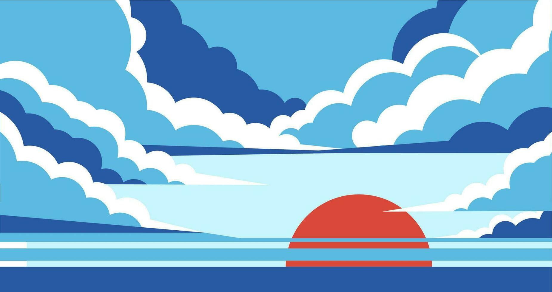 Horizontal vector sea landscape with cloudy sky.