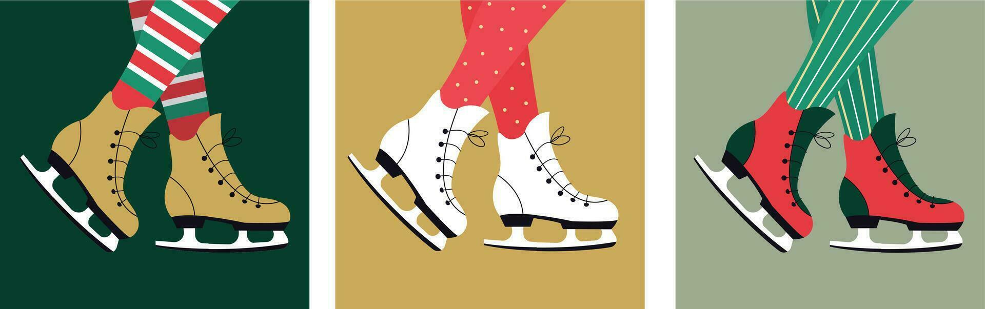 Elegant lady legs in ice skating shoes. Poster set. Square composition. vector