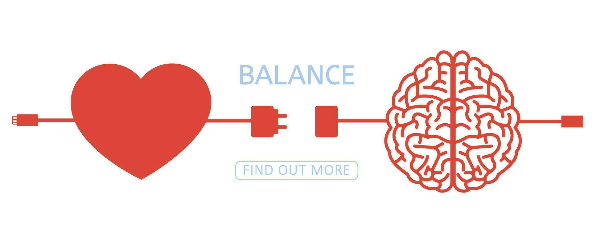 Heart shape and brain connected with cable. Balance of love and sence. vector