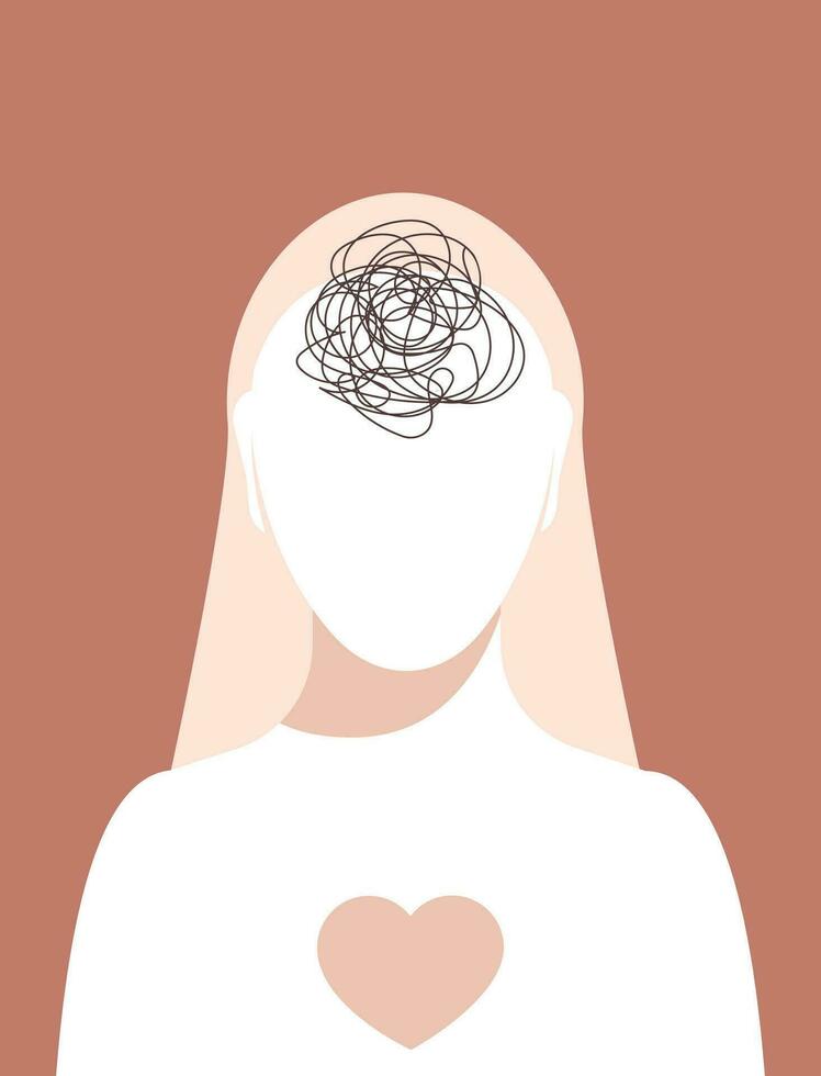 Woman faceless silhouette with scribbled brains and heart inside chest. vector