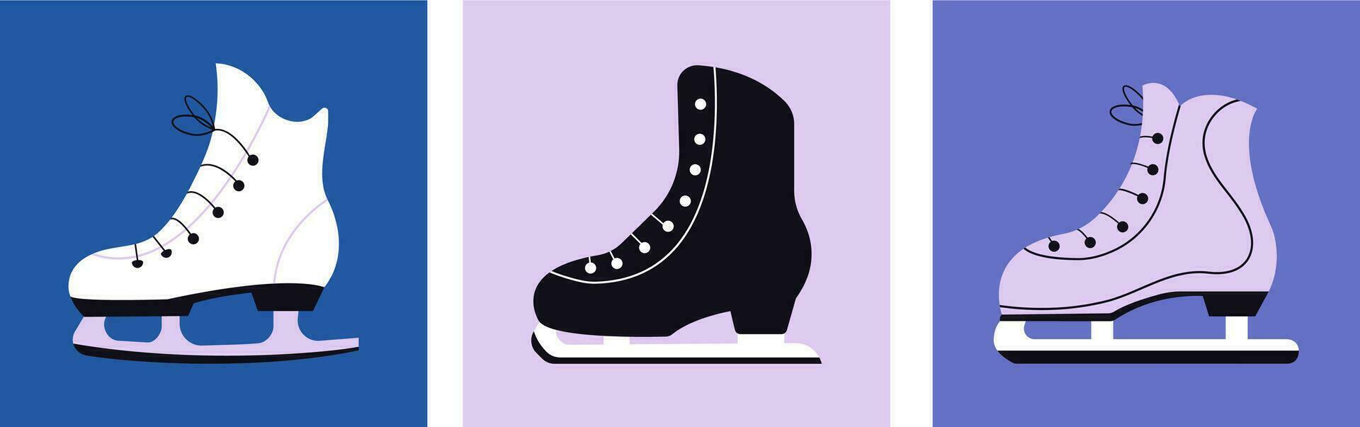 3 different ice skating shoes banners. Square composition. vector