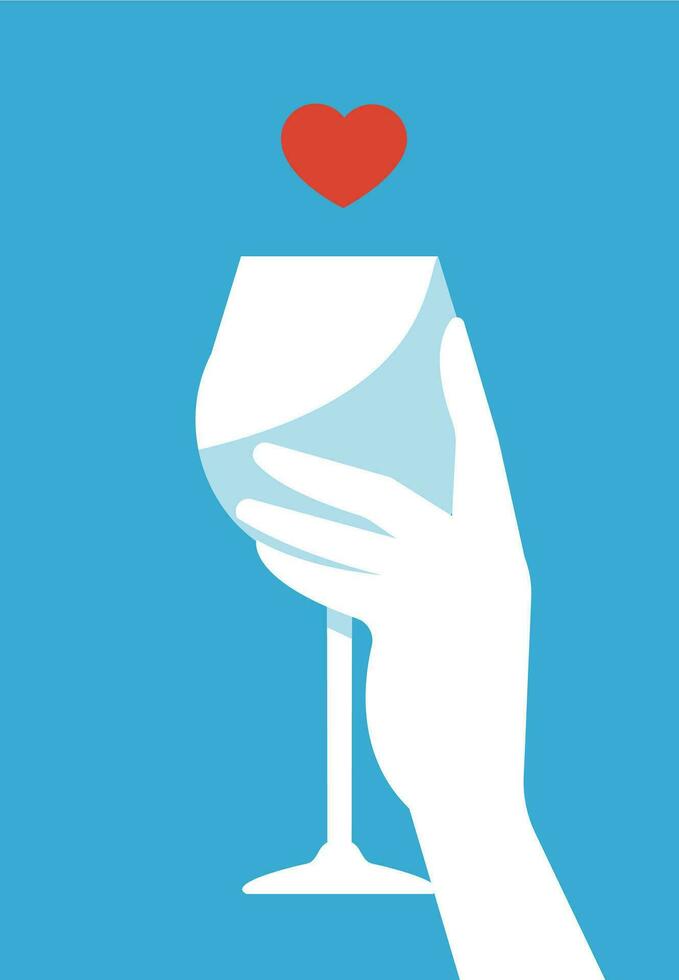 Woman  white silhouette hand holding glass of wine with heart. blue background. vector