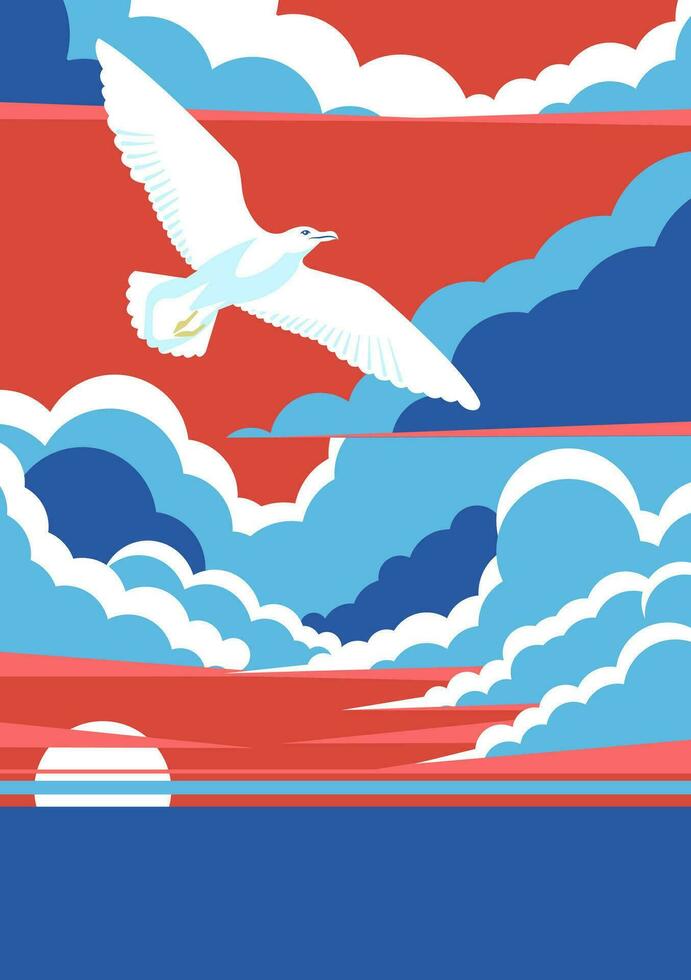 One seagull flying on top of the sea landscape. Cloudy sky with sunset. Vertical poster. vector