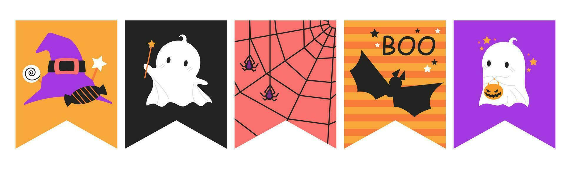Cartoon ghost Halloween bunting design. 5 bright flag shapes with spooky decor. vector