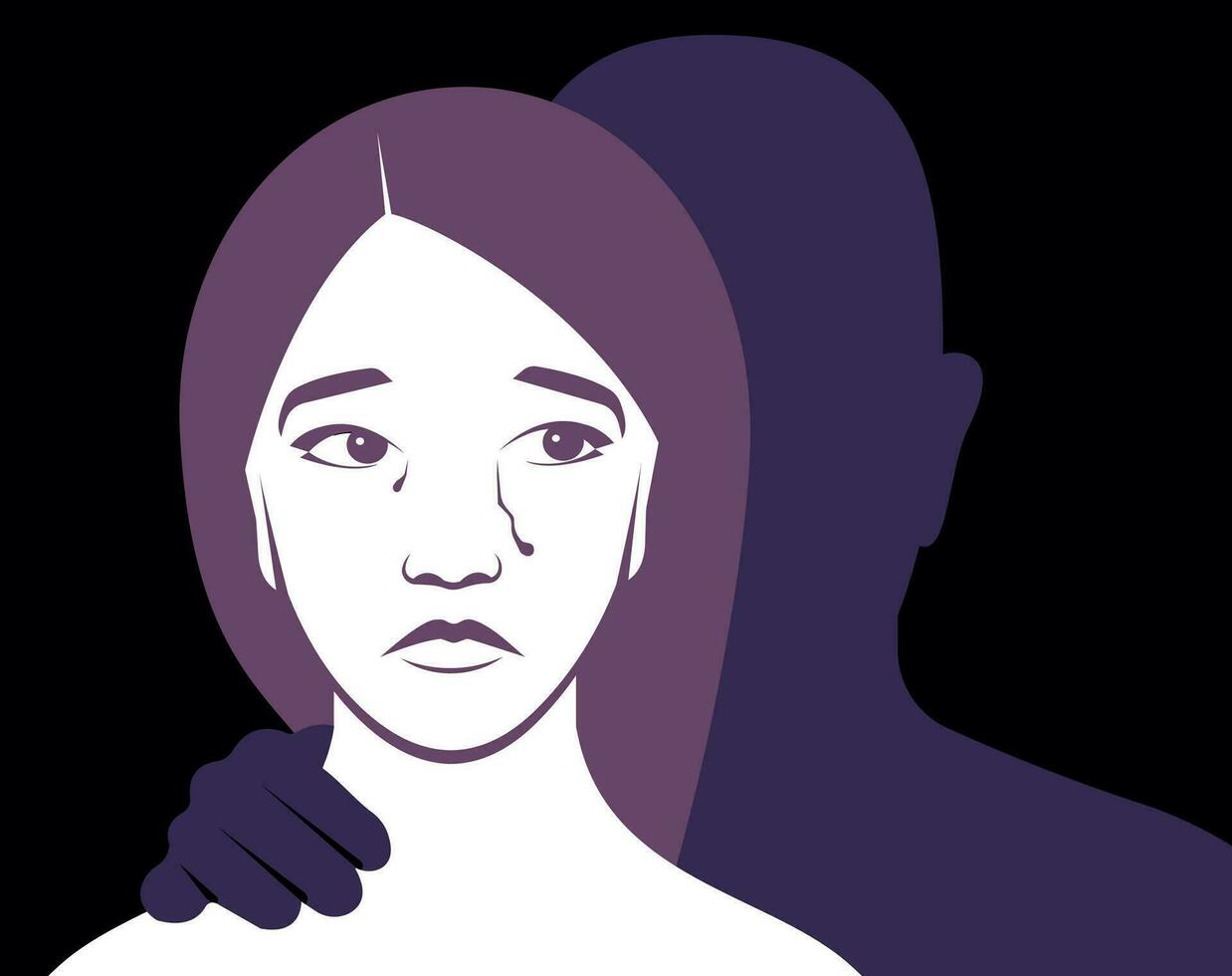 Crying woman portrait with male arm. vector