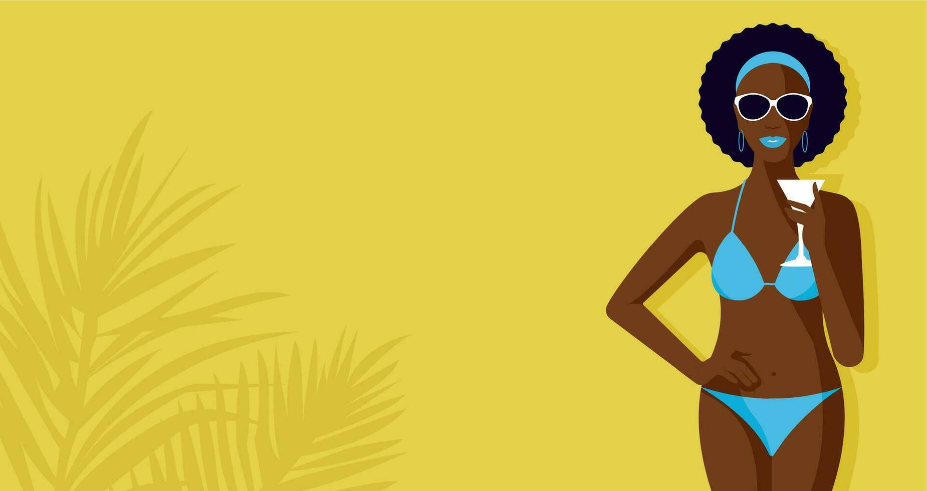Black woman in blue bikini hold glass. Horizontal yellow background with tropical palm leave shade. vector