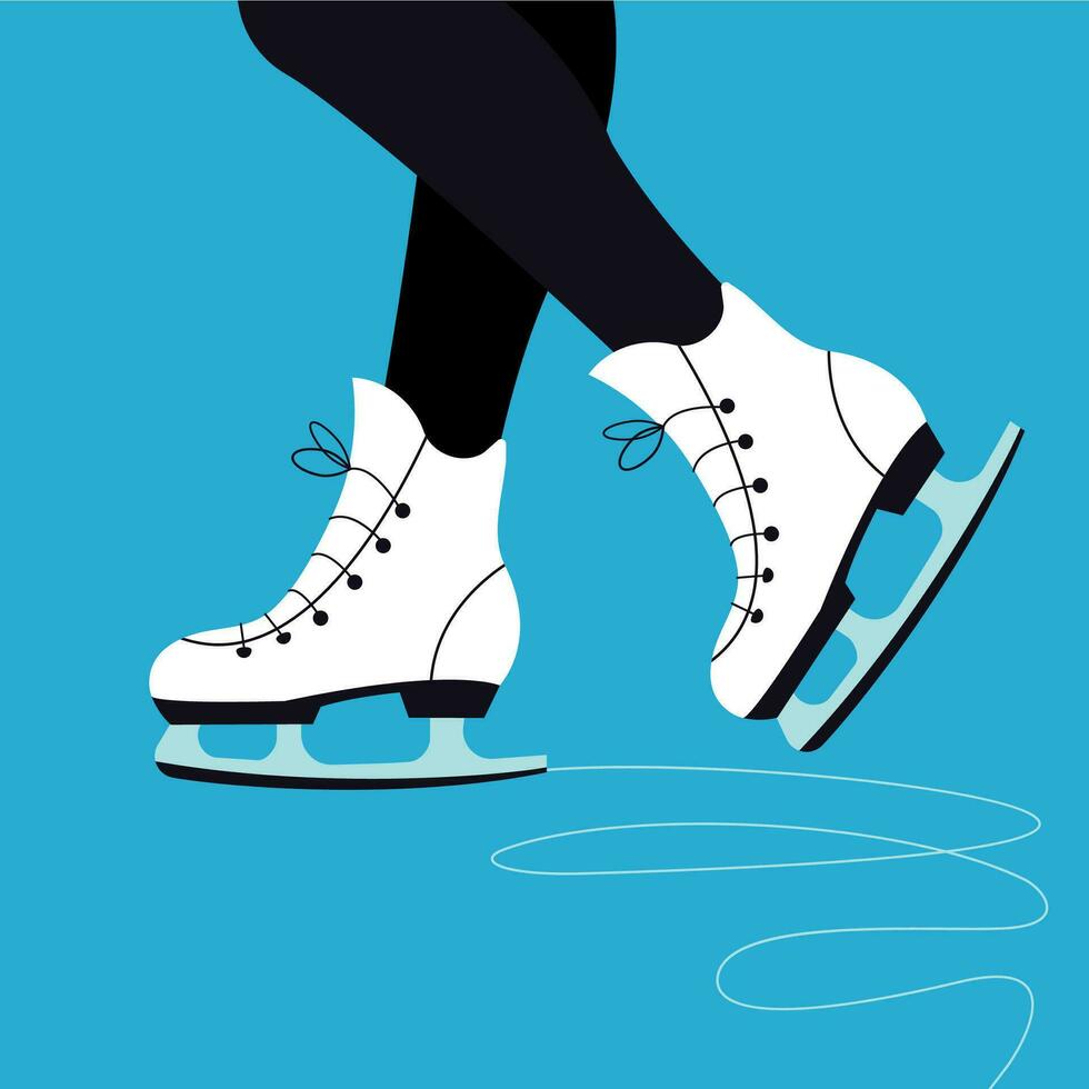 Elegant lady legs in ice skating shoes. square composition. Blue background. vector