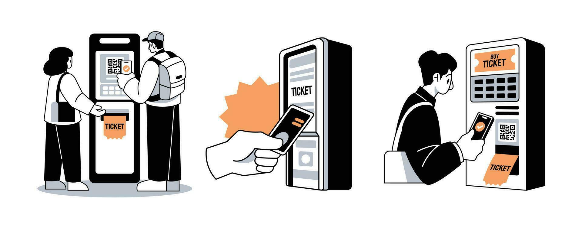 Ticket Kiosk Contactless Payment Buying Tickets Vector Illustrations Set