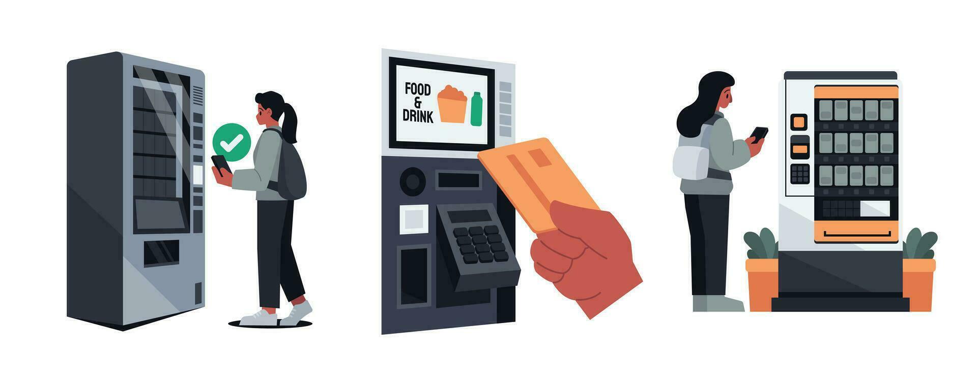 Vending Machine Purchases Contactless Payment Vector Illustrations Set