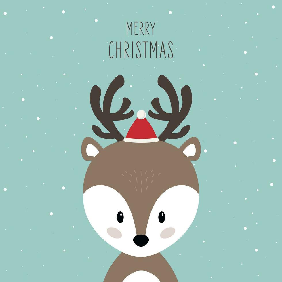 Christmas reindeer cute character with santa hat vector snowy background