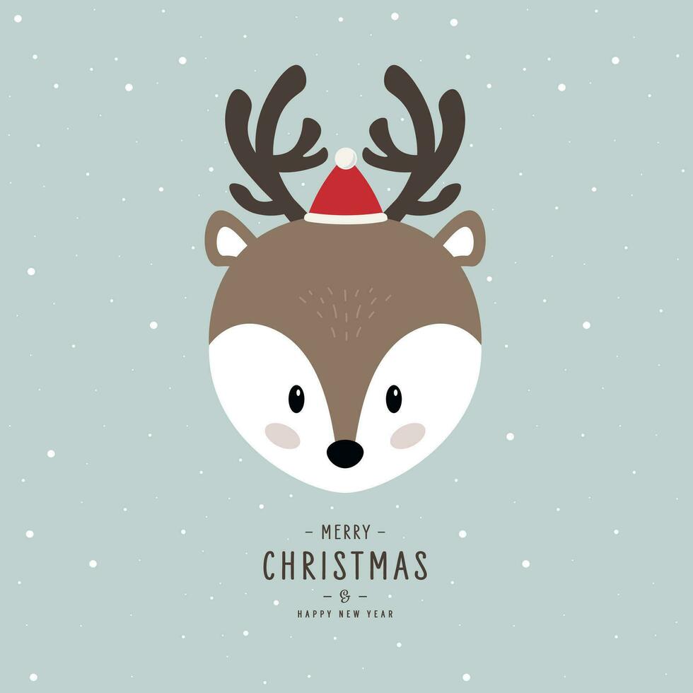 Christmas reindeer cute character with santa hat vector snowy background