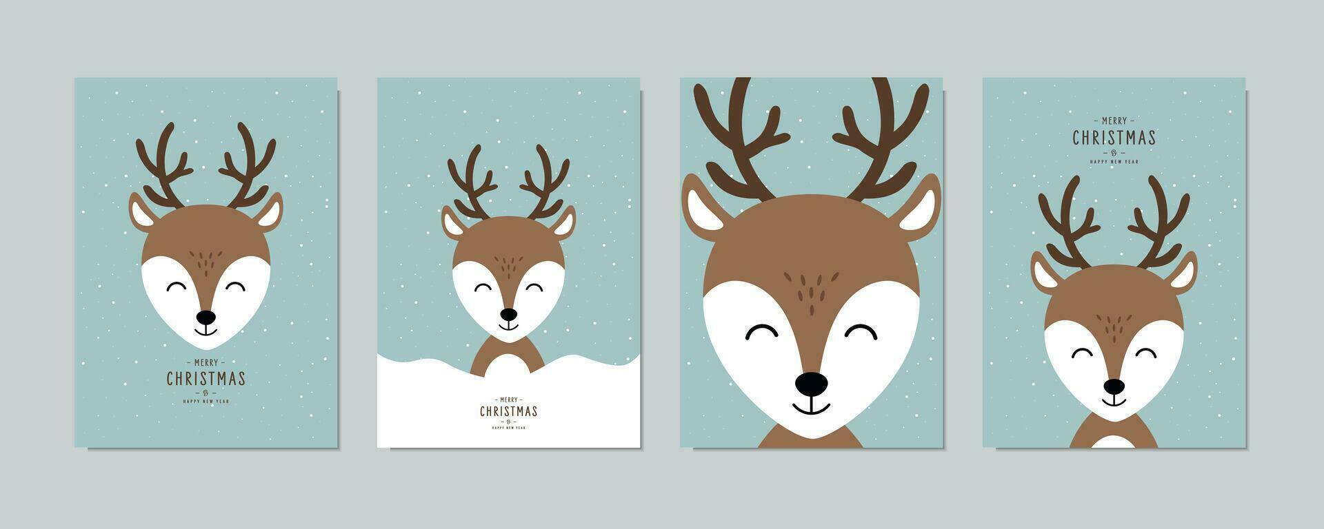 Christmas card set. Cute Reindeer Merry Christmas greeting with lettering vector. vector