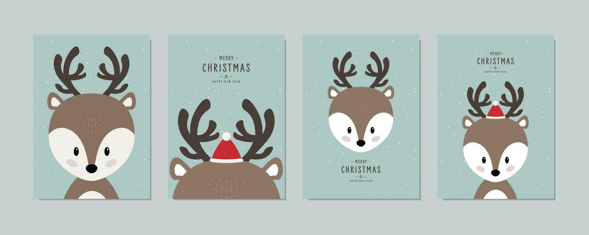 Christmas card set. Cute Reindeer Merry Christmas greeting with lettering vector. vector