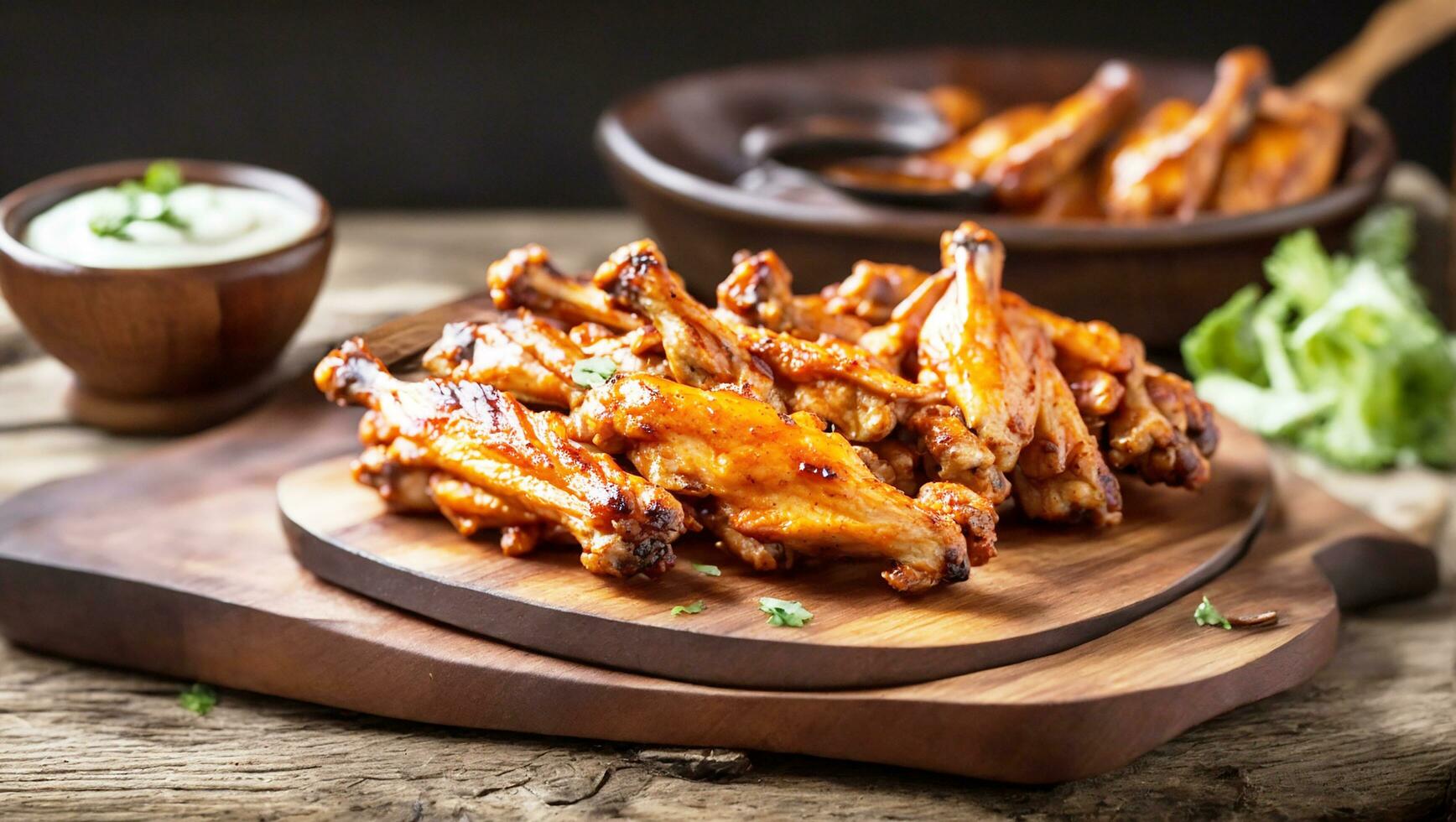 AI generated Chicken pieces are arranged on a wooden tray photo