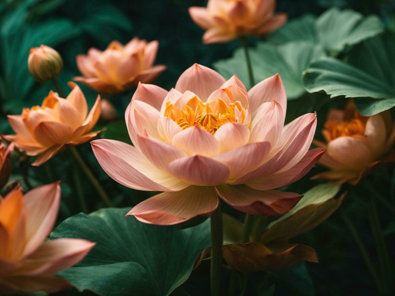AI generated Lotus Flower Bloom. Beautiful Background with Blooming Lotus Flowers photo