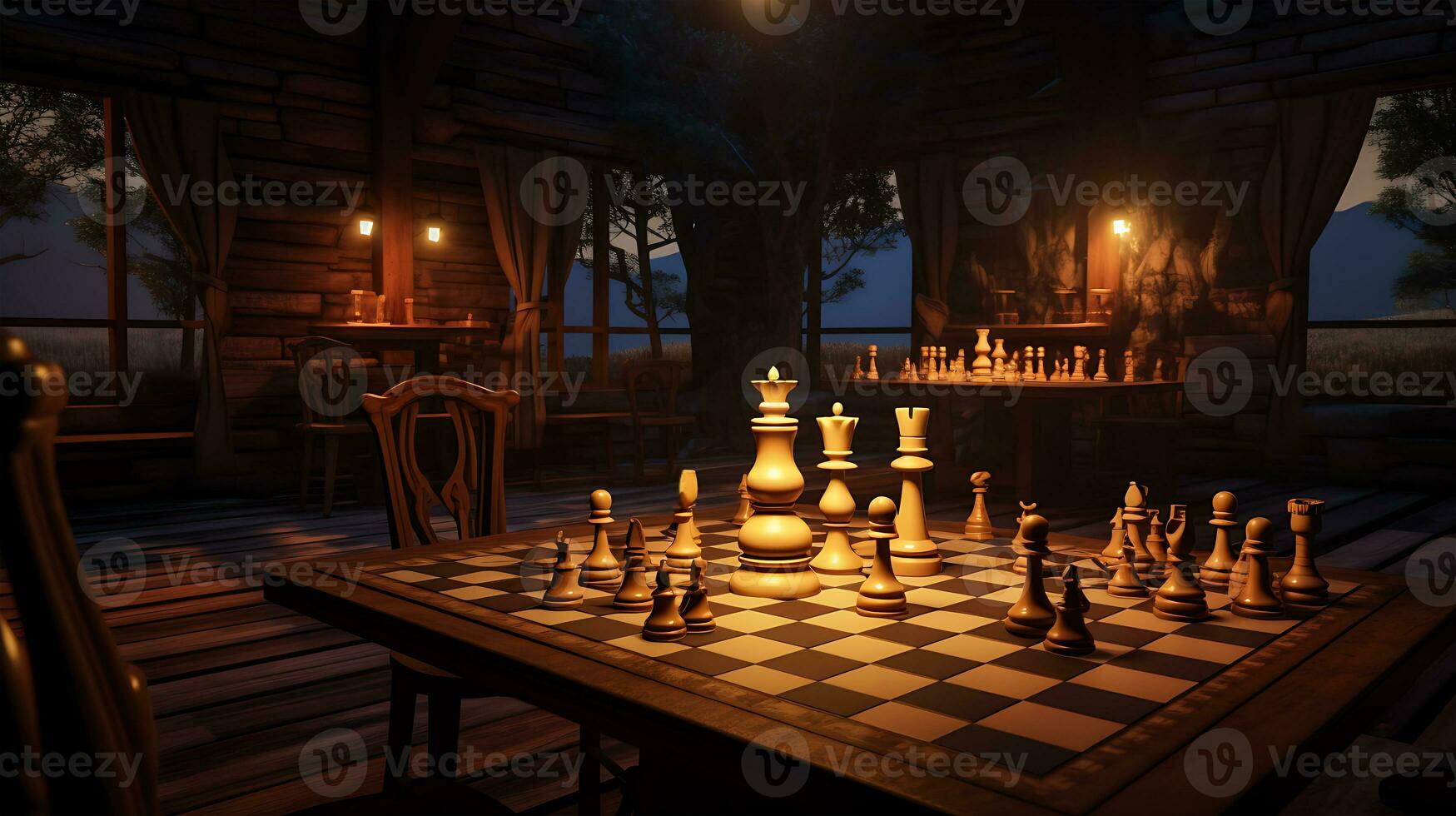 AI generated Beautiful scene design of playing chess on a table photo