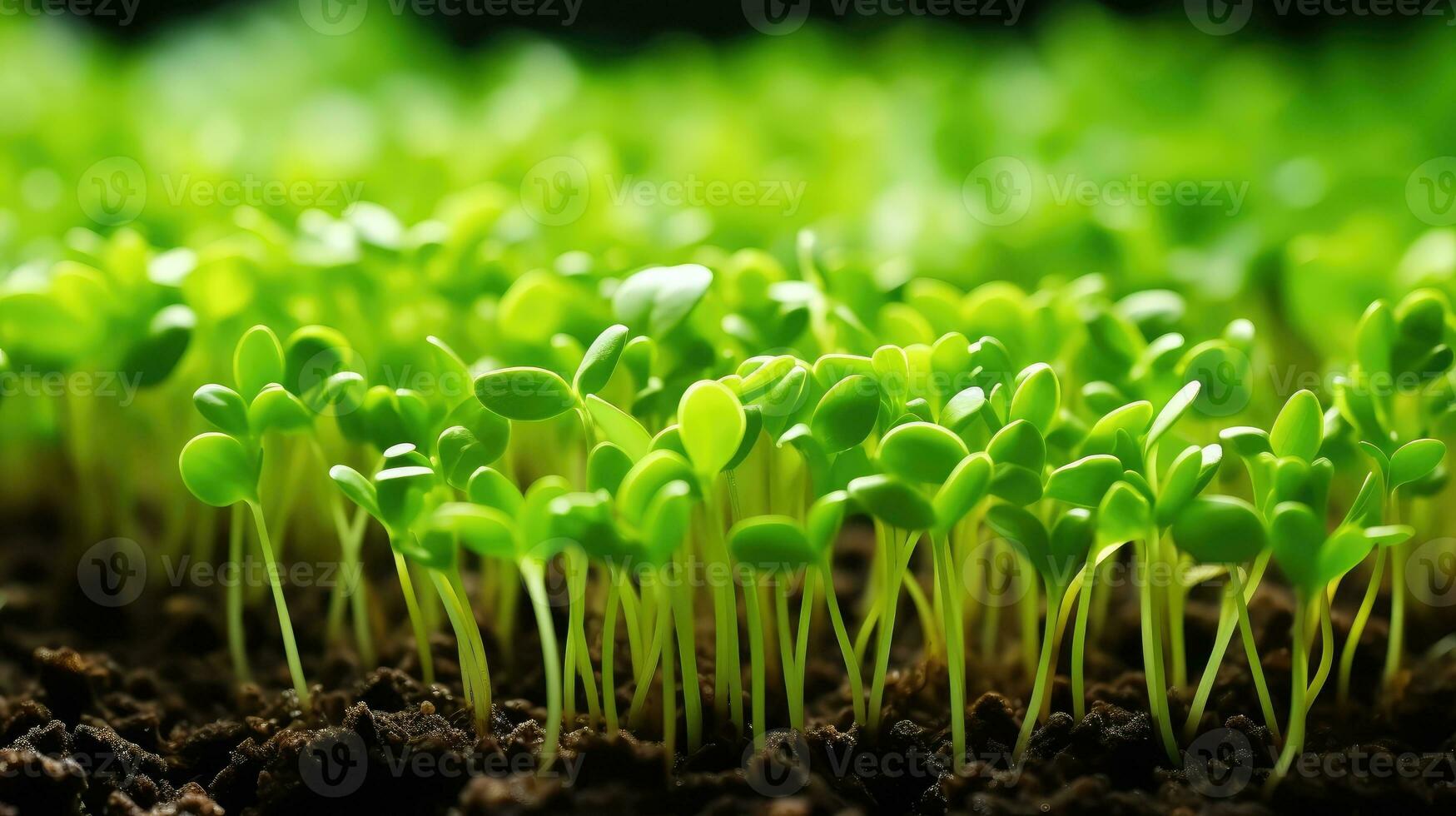 AI generated Vertical farming technology Microgreens grow under LED lights. Indoor racks full of greens vertically. Macro and micro business of plants. Eco products, healthy eating and super food. photo