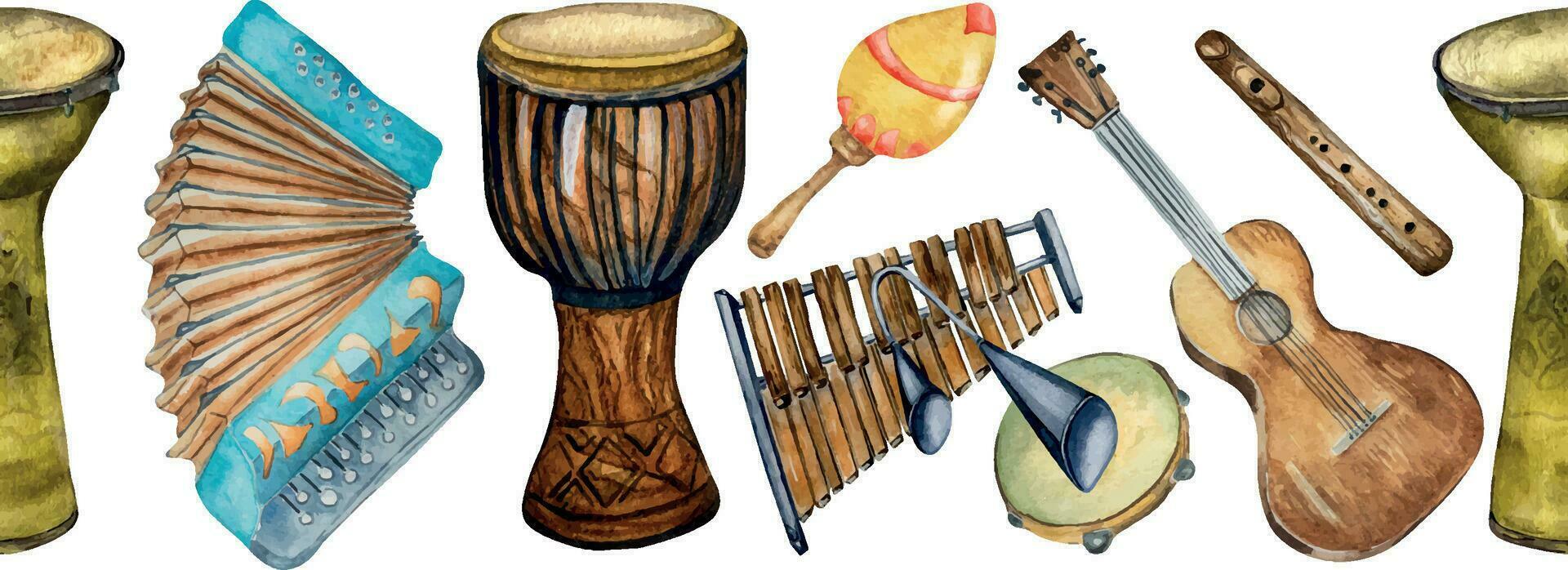 Watercolor drawn musical instruments isolated on white background. Seamless border for a music project. Hand drawn accordion, guitar, drums, and banjo. Xylophone painted. Design element for print vector