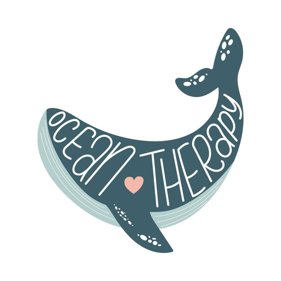 grande azul ballena silueta con escrito frase Oceano terapia. Oceano vector póster con mano dibujado submarino personaje.