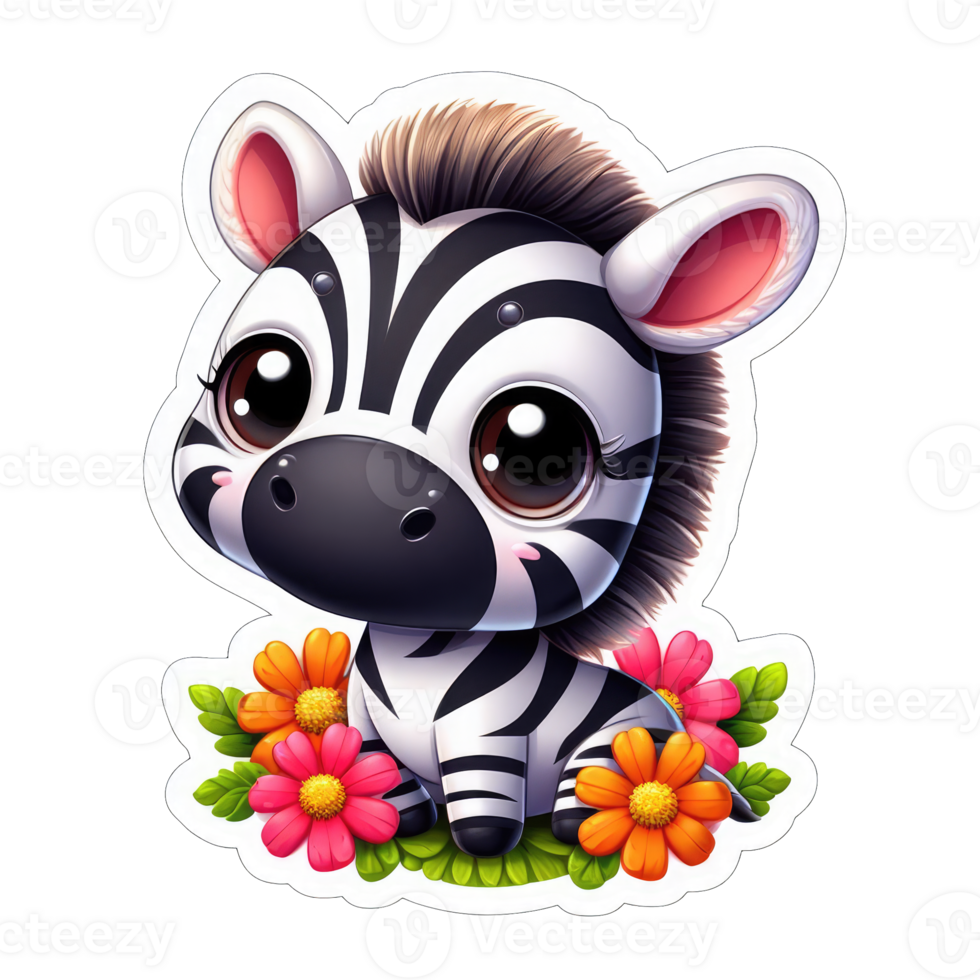 Floral Embrace with Cartoon Zebra, Sticker png