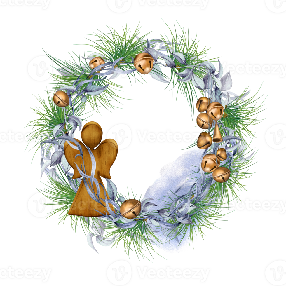 Frame of pine tree branches and angel, bells digital illustration. Fir branches in the form of a circular frame. Wreath of Christmas ornaments. Element for design invitation, card. png