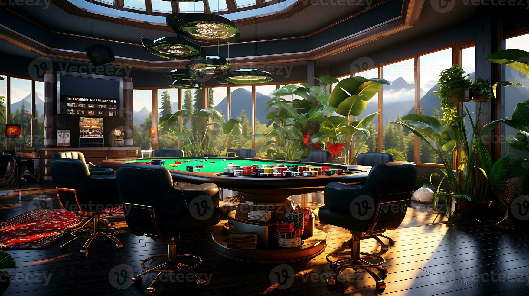 AI generated View of a Beautiful casino game table and some chips photo