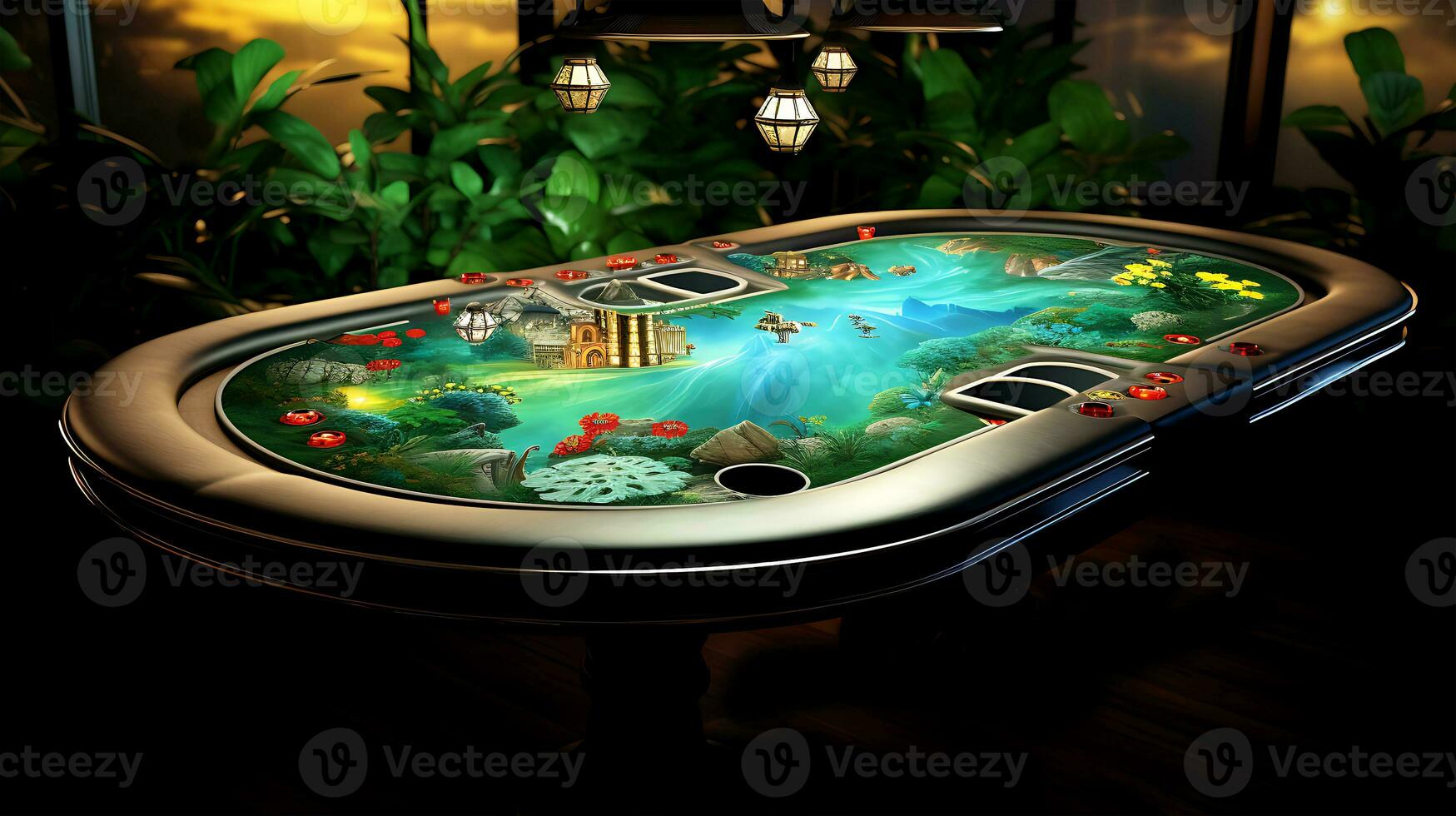 AI generated View of a Beautiful casino game table and some chips photo