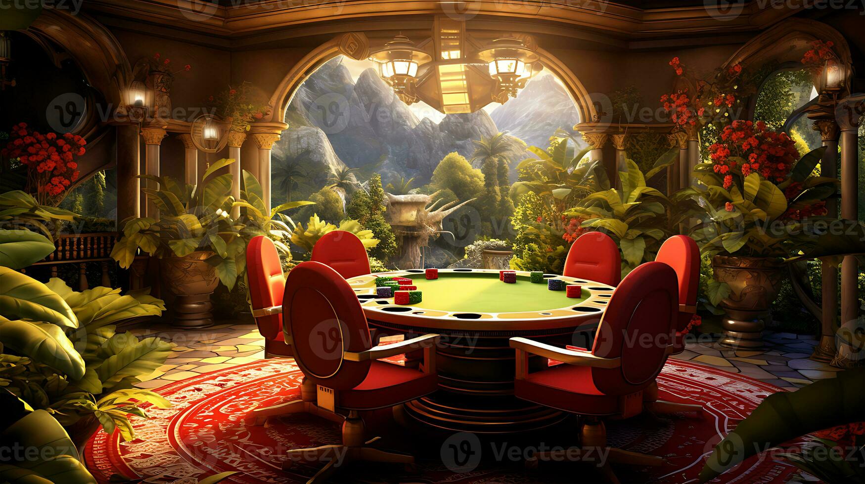 AI generated View of a Beautiful casino game table and some chips photo