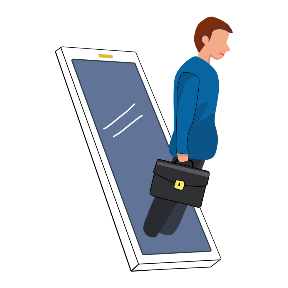 A man hand holding briefcase coming out from smartphone screen. png