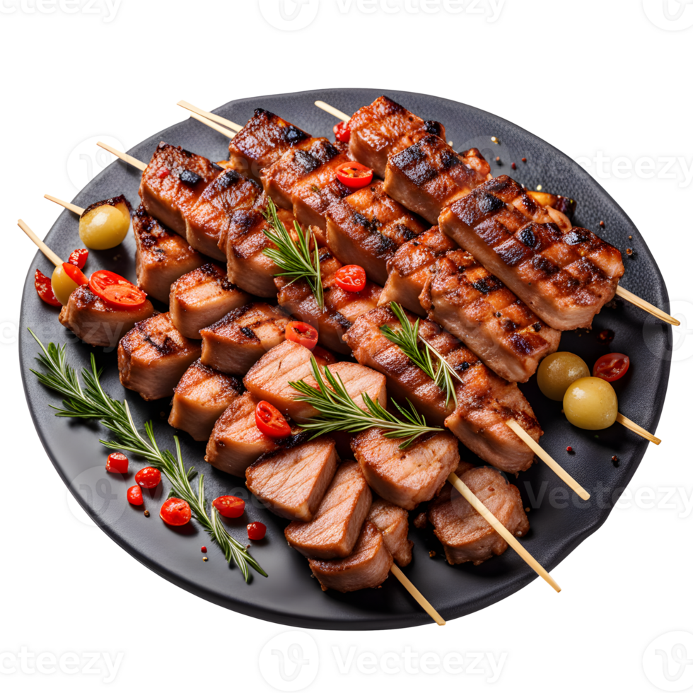 ai généré grillé Viande brochette dans une noir assiette isolé sur transparent Contexte png