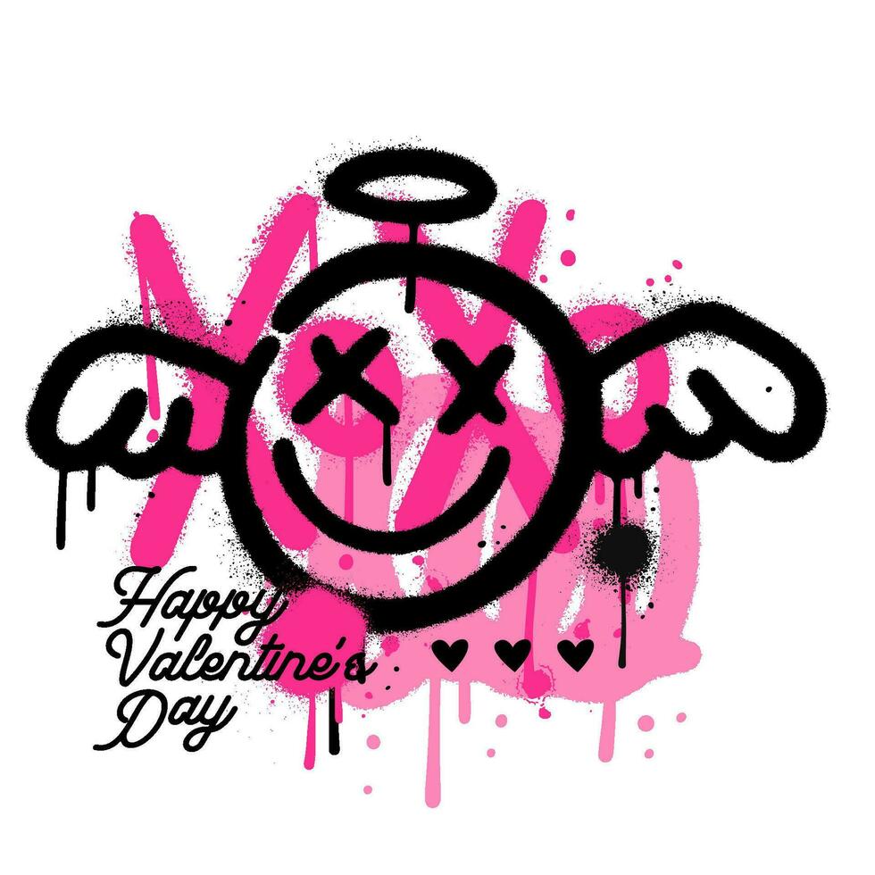 Spray graffiti winged cupid emoji over sprayed abstract shapes and xoxo lettering. Trendy 90s vintage Vector Illustration for grunge greeting card design.