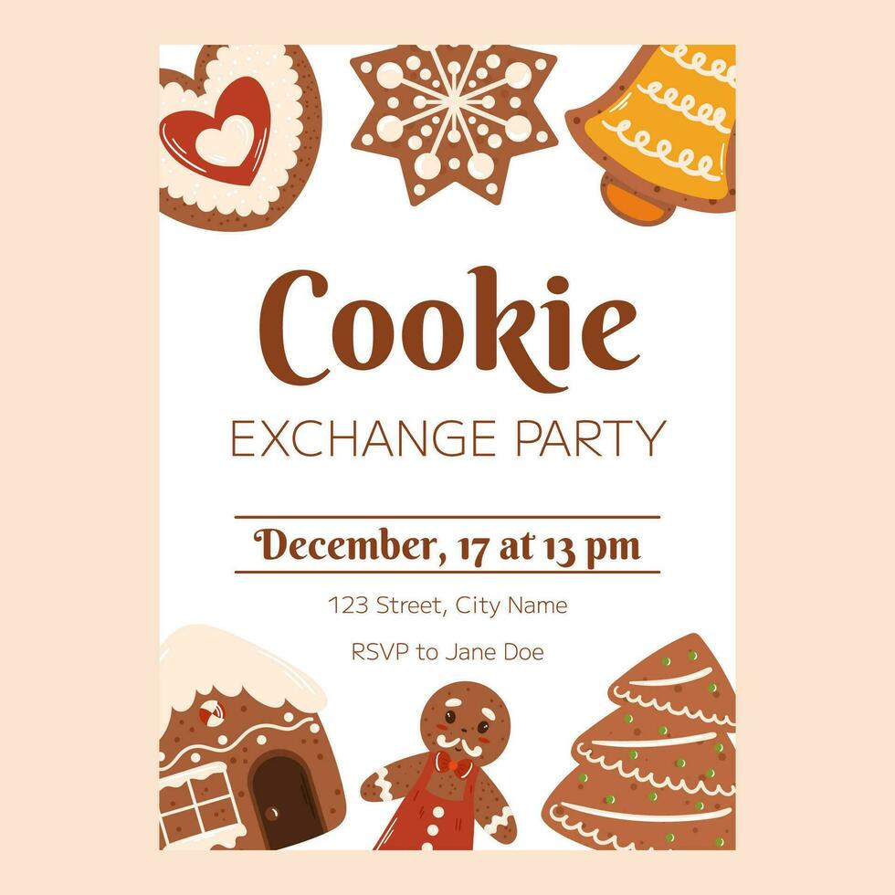 Christmas poster template, Invitation for Xmas cookie exchange party. Vertical flyer decorated with gingerbread cookies, house, man, tree, bell and snowflake, heart vector
