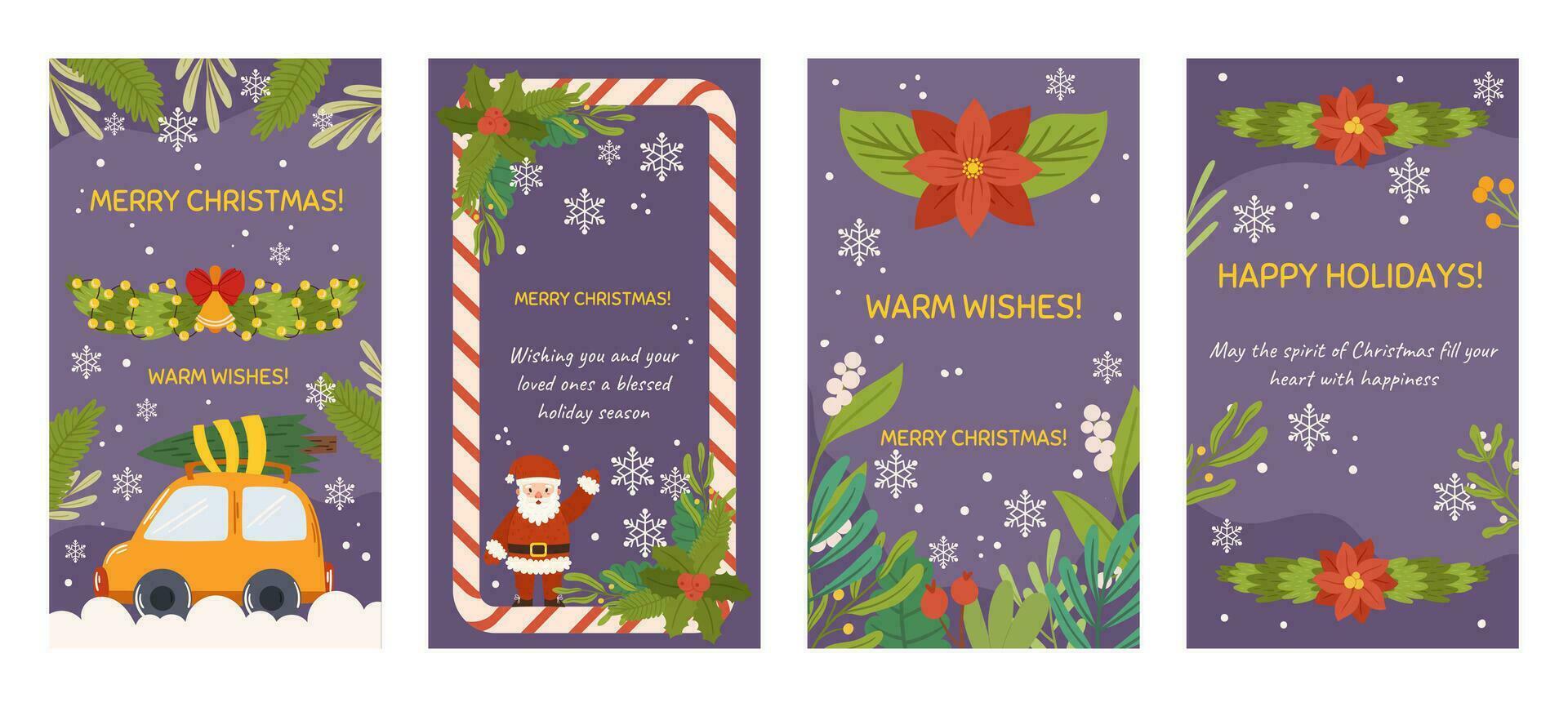 Social media Christmas stories template with copy space. Vertical banner with plants branches, car in snow with tree, candy cane frame, Santa Claus, poinsettia vector