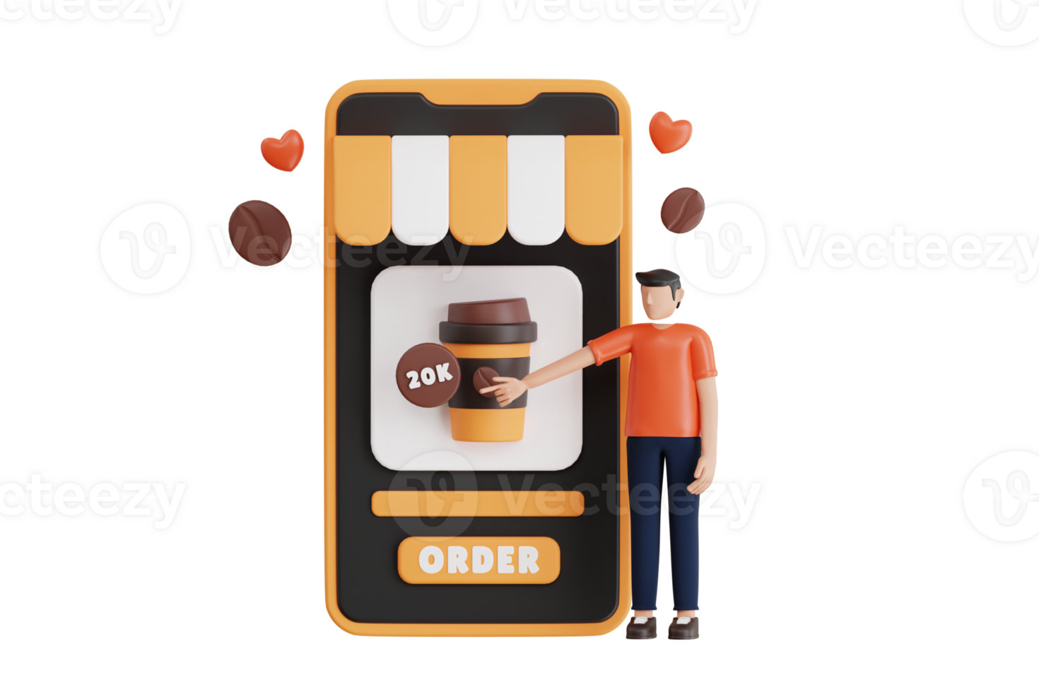 Boy ordering coffee online 3D Illustration. ordering coffee in food app. 3d illustration png