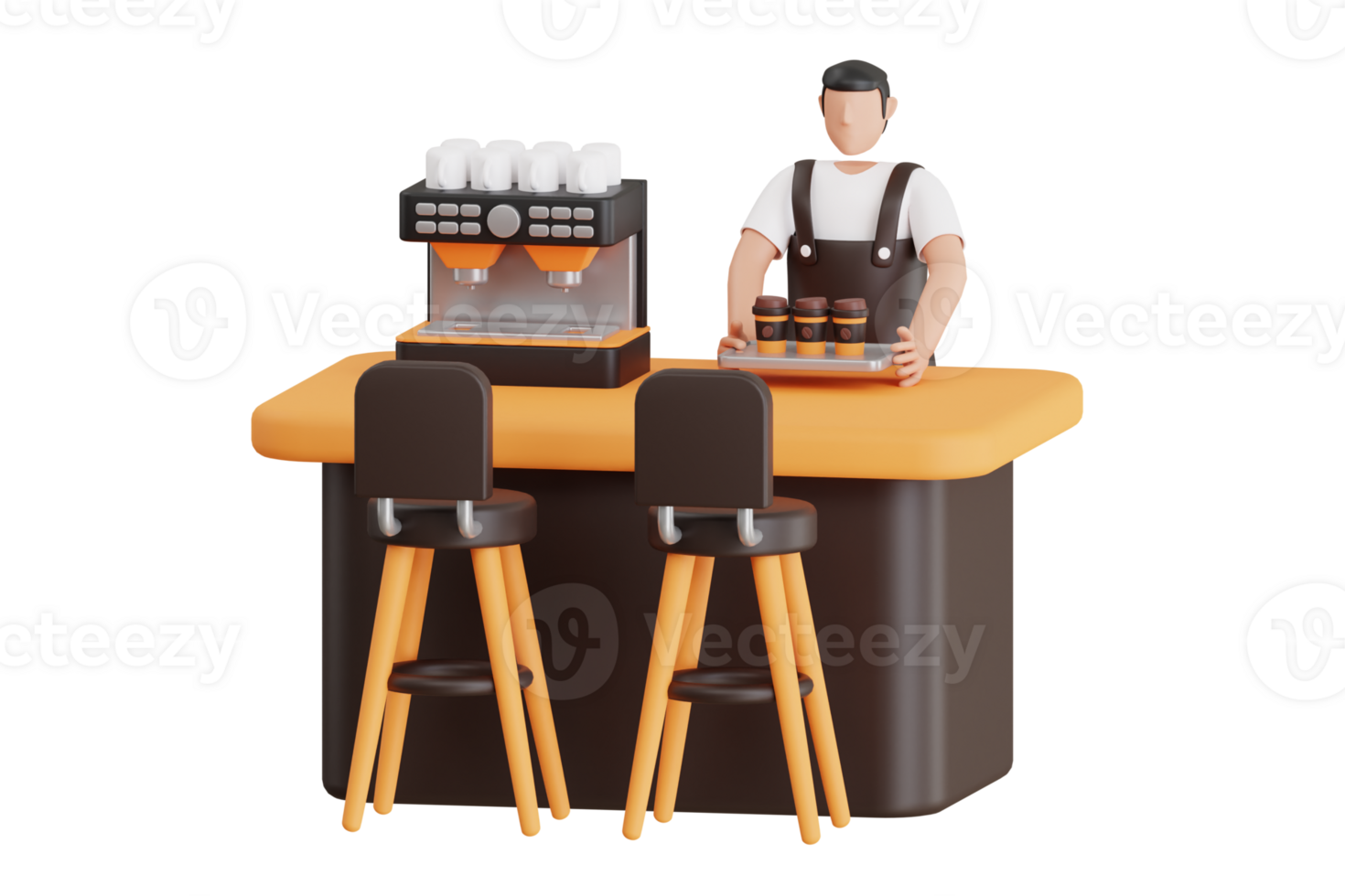 Male waiter carrying tray of coffee 3D Illustration png