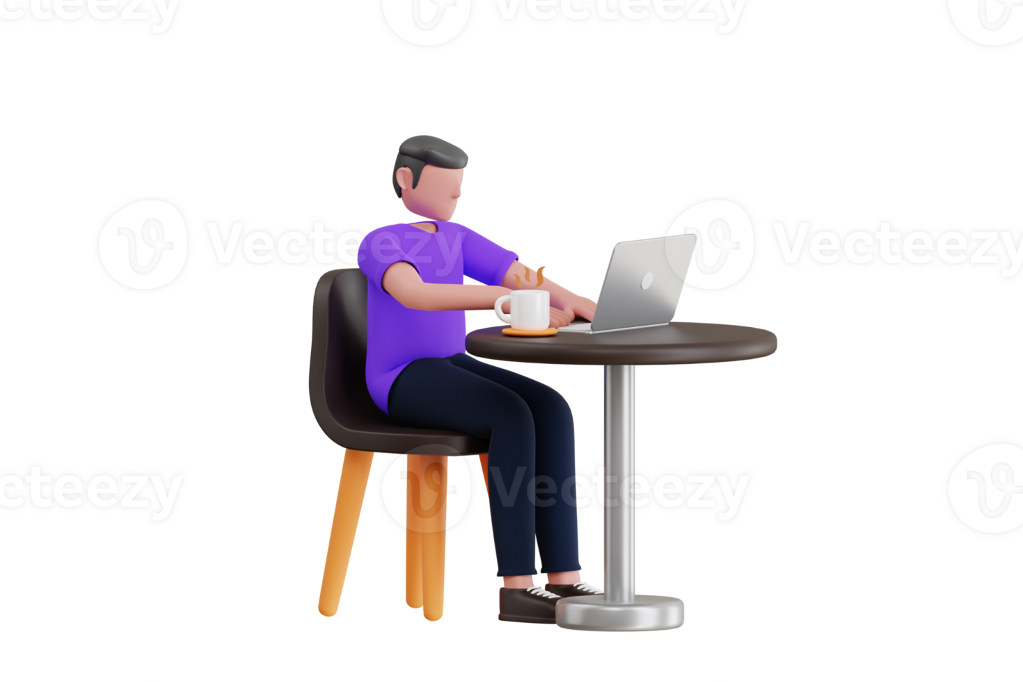 Man working on laptop at cafe 3d illustration. Man enjoying coffee while working on laptop. 3d illustration png