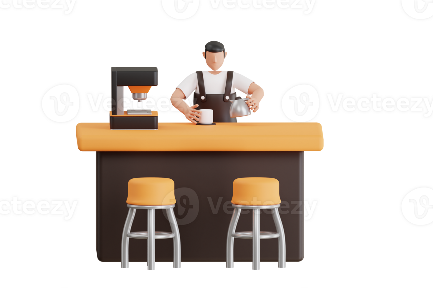 3D Illustration of Male waiter making coffee. man making coffee for customer. 3d illustration png