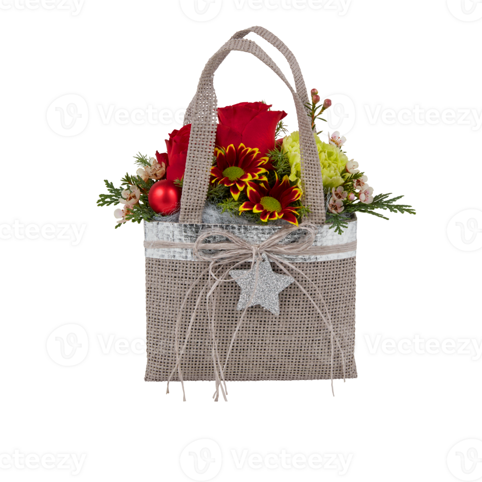 Fresh flower bouquet in a bag basket cut out isolated transparent background png