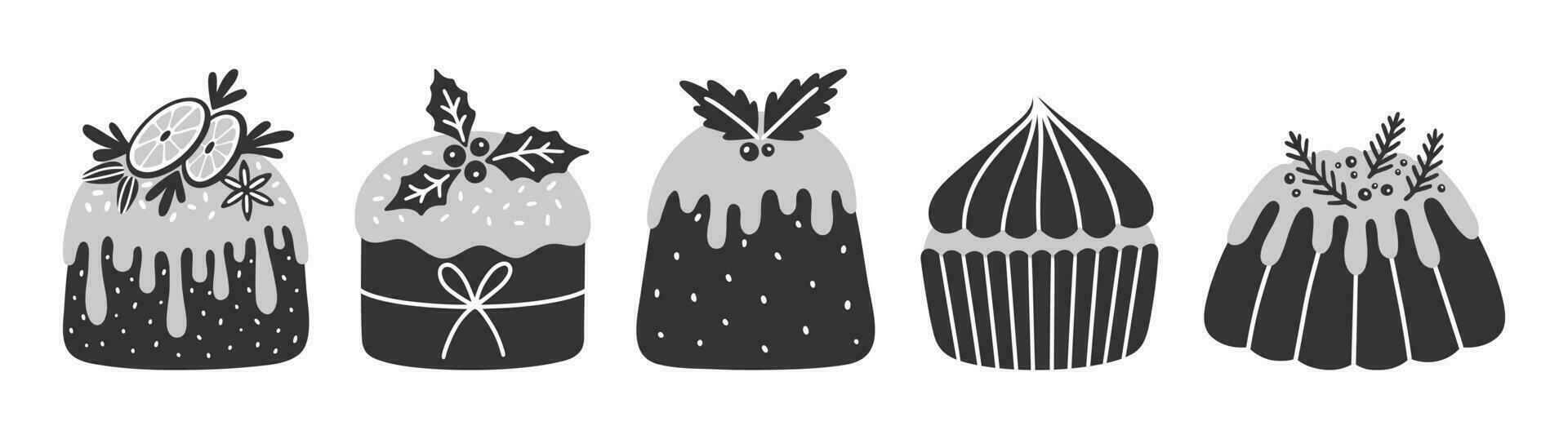 Vector icons of Christmas cakes, and cupcakes.