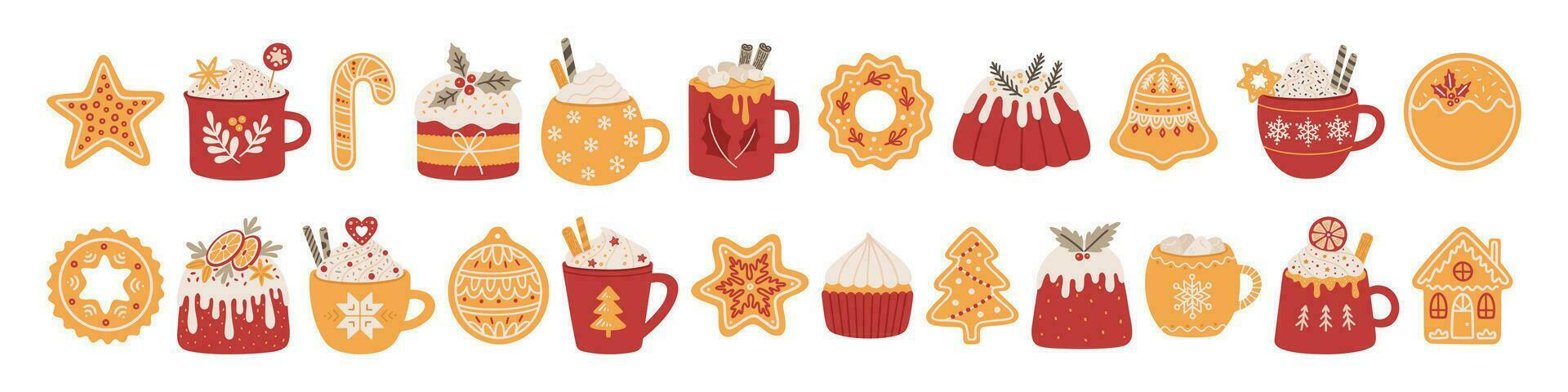 Set of winter hot drinks, fruit cakes, and gingerbread cookies. vector
