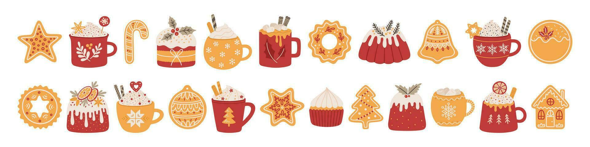 conjunto de invierno caliente bebidas, Fruta pasteles, y pan de jengibre galletas. vector