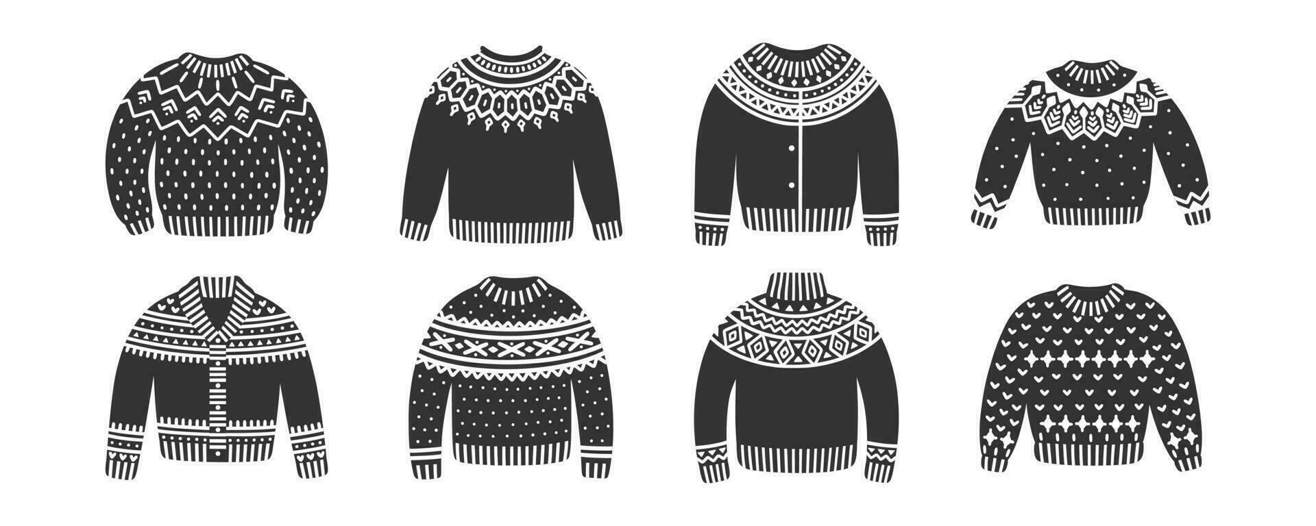 Christmas knitted sweaters, vector set of icons.