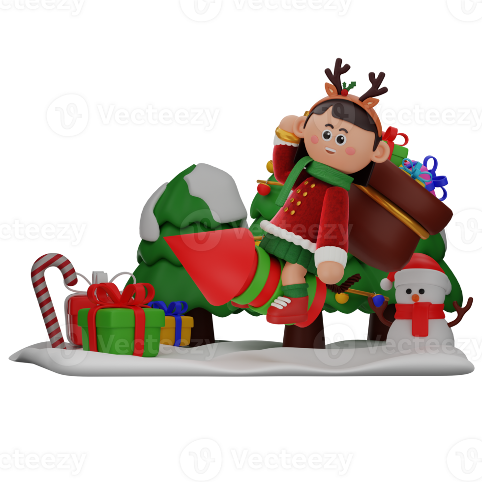 3d girl cartoon christmas Ride Firecracker While Bring Sack Of Gifts pose isolated on transparent background png