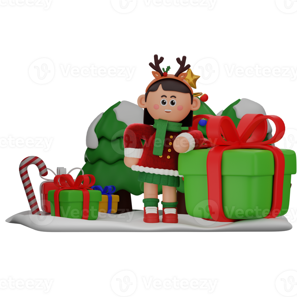 3d girl cartoon christmas Leaning On The Gift pose isolated on transparent background png