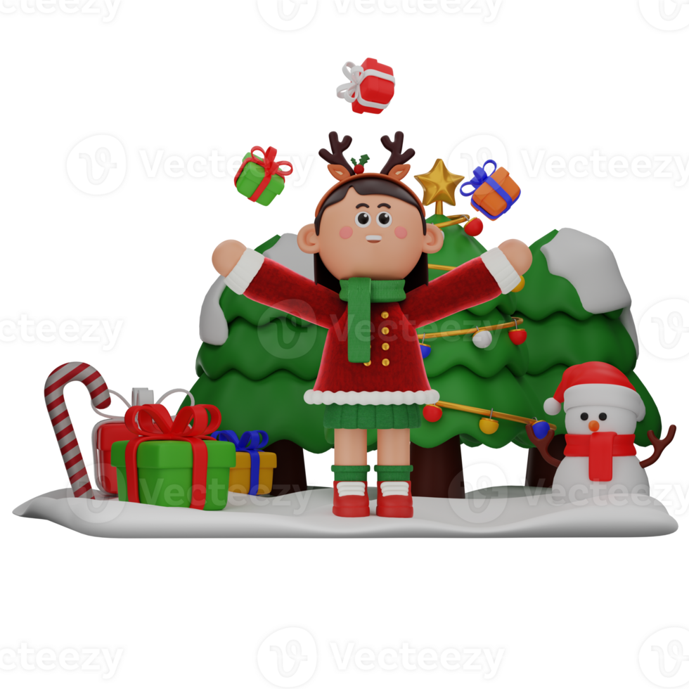 3d girl cartoon christmas Playing With Gifts pose isolated on transparent background png