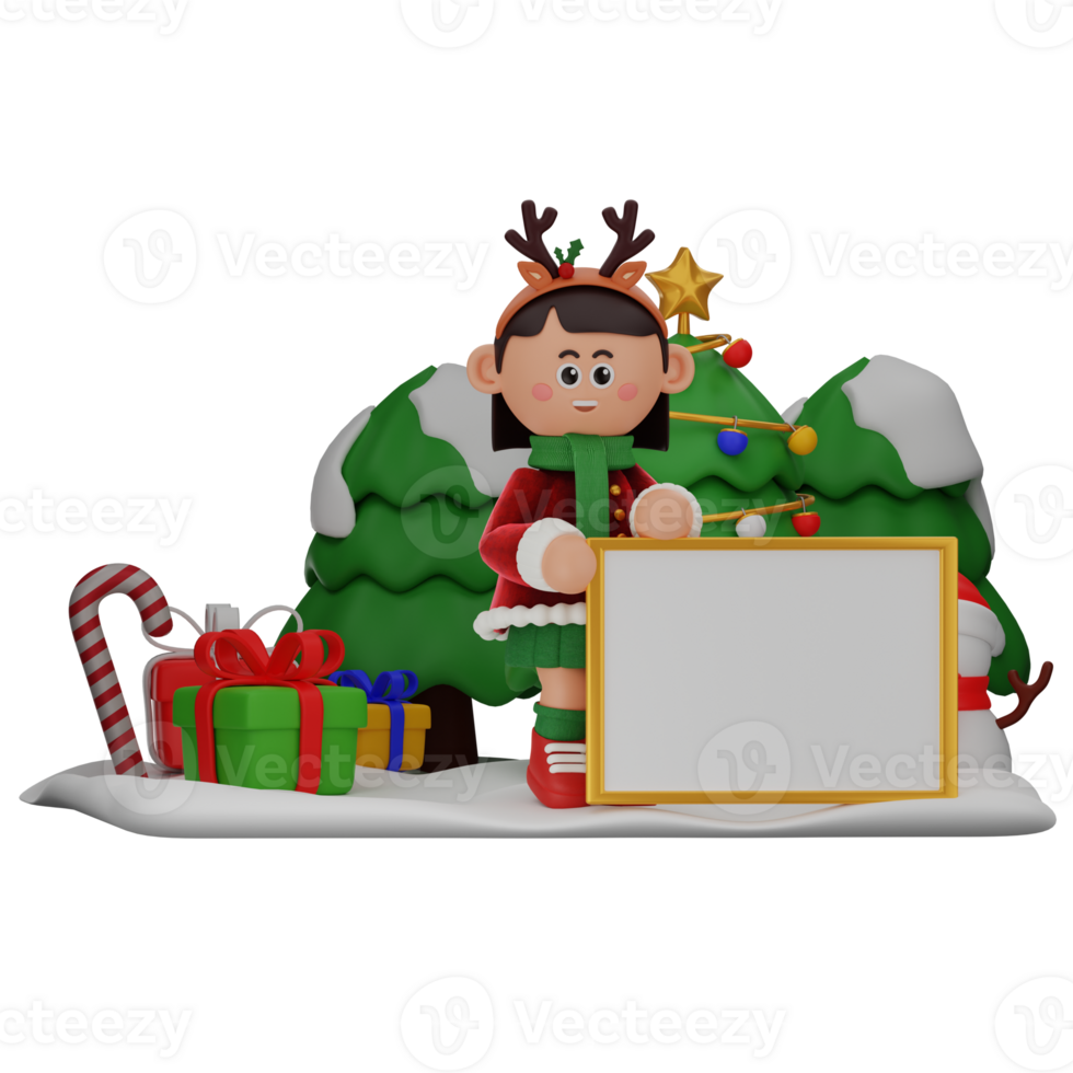 3d girl cartoon christmas With a Whiteboard pose isolated on transparent background png