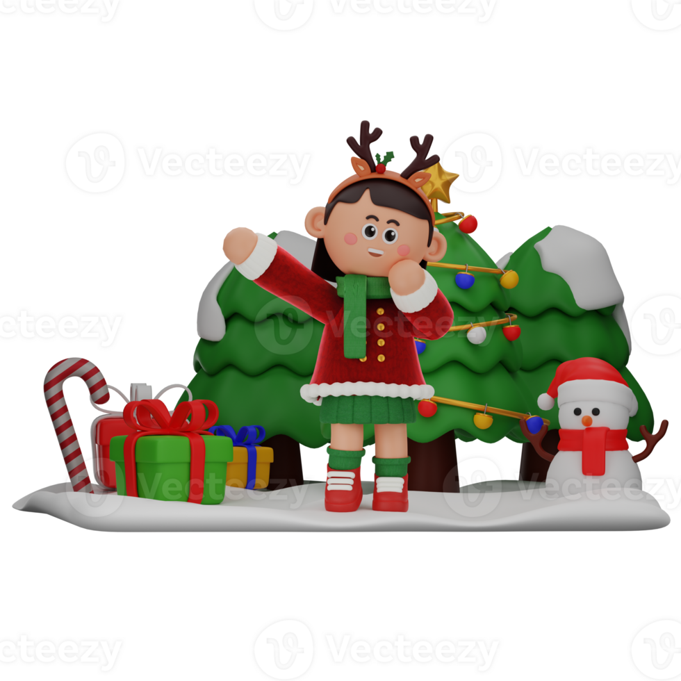 3d girl cartoon christmas Happy pose isolated on transparent background png