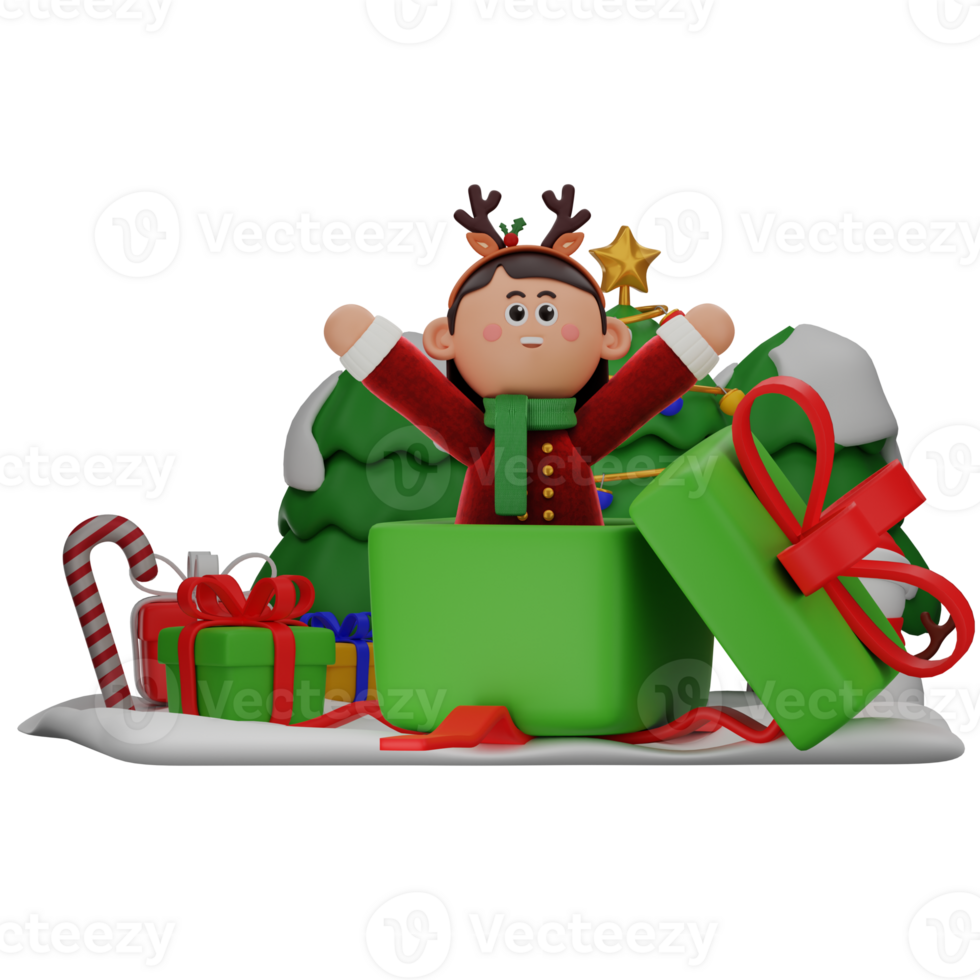 3d girl cartoon christmas Out Of The Gift pose isolated on transparent background png