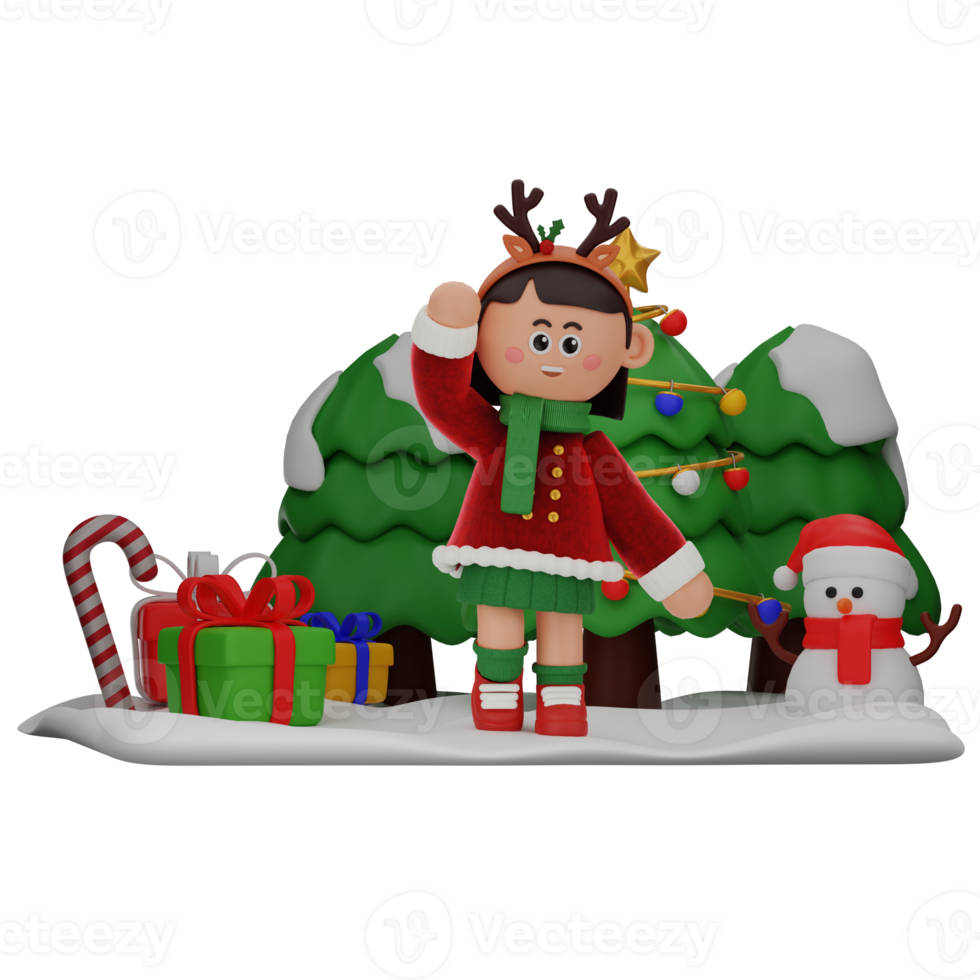 3d girl cartoon christmas Greeting pose isolated on transparent background png