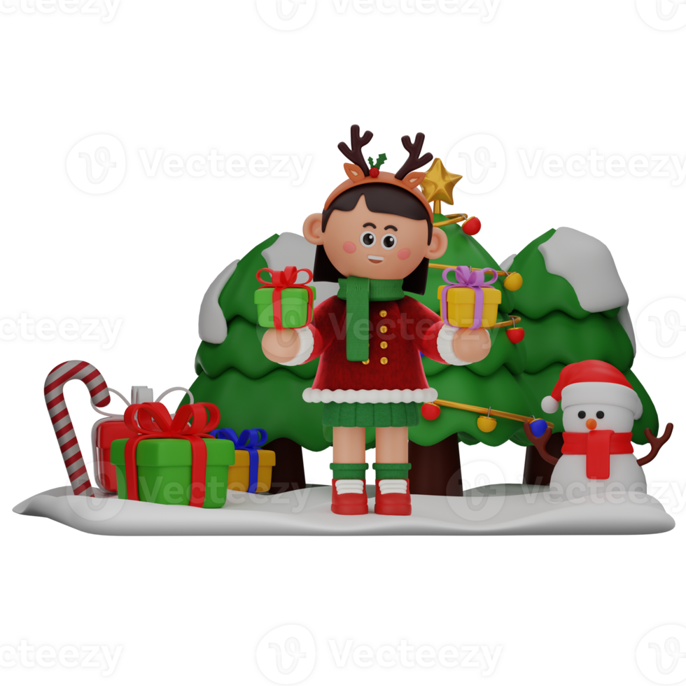 3d girl cartoon christmas Holding 2 Gifts pose isolated on transparent background png